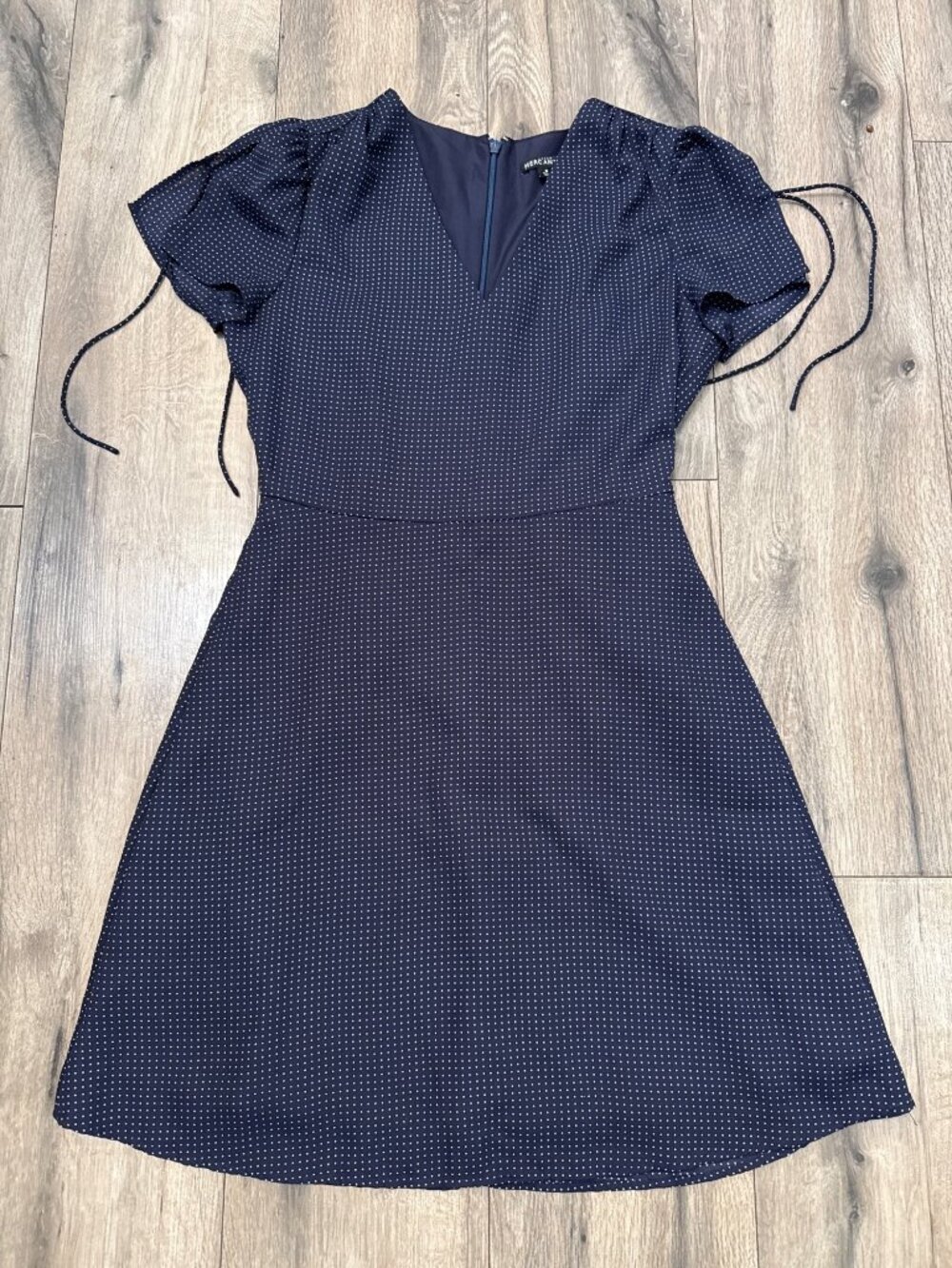 J.Crew Mercantile SZ 0 Small Navy Polka Dot Short Sleeve A-Line Dress Tie Detail